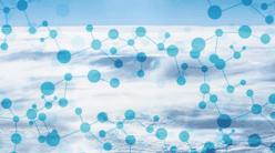 Molecular network diagram overlaid on a blue sky with clouds