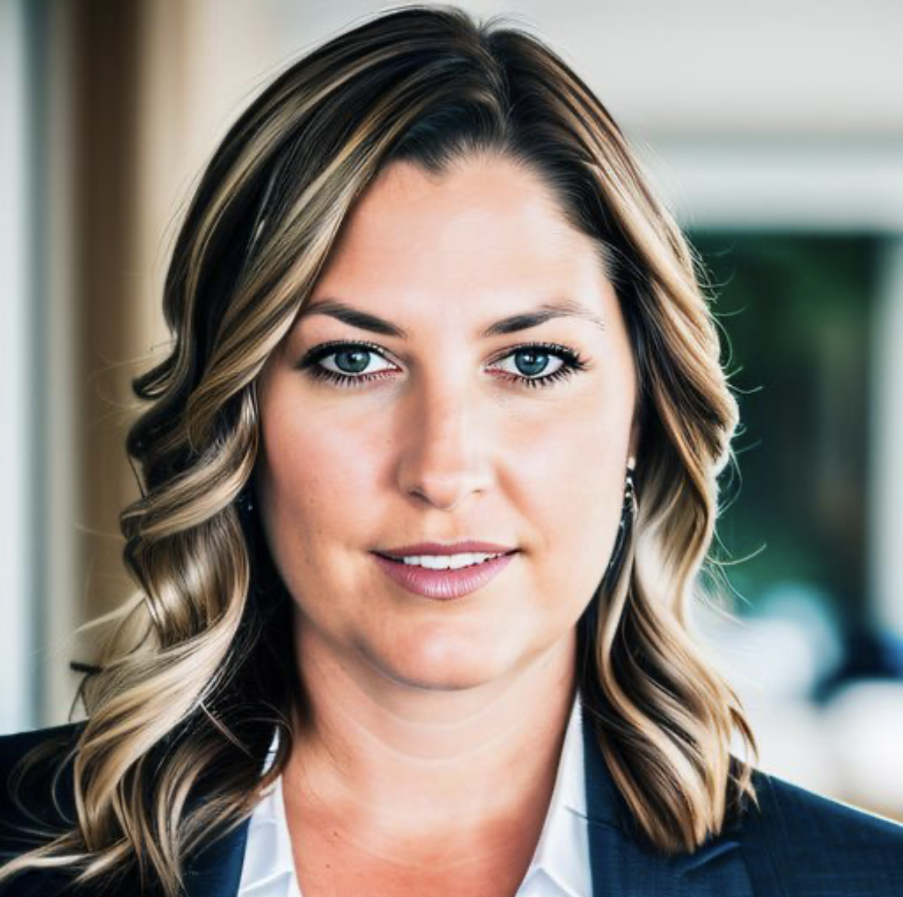 Headshot of a person with wavy blonde-highlighted hair and blue eyes, wearing a dark blazer